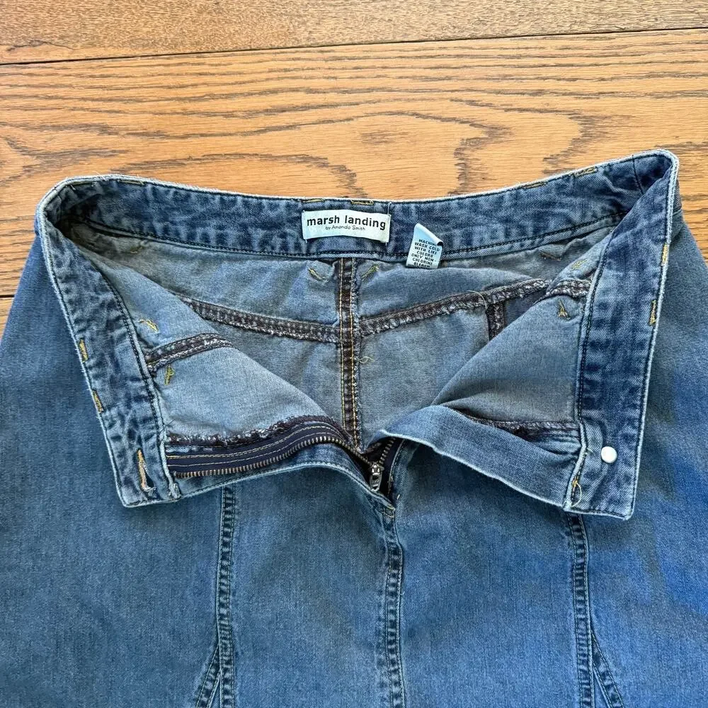 Y2K Vintage Denim Skirt Size 10 High Waist A-Line Midi 90s Cottage Boho